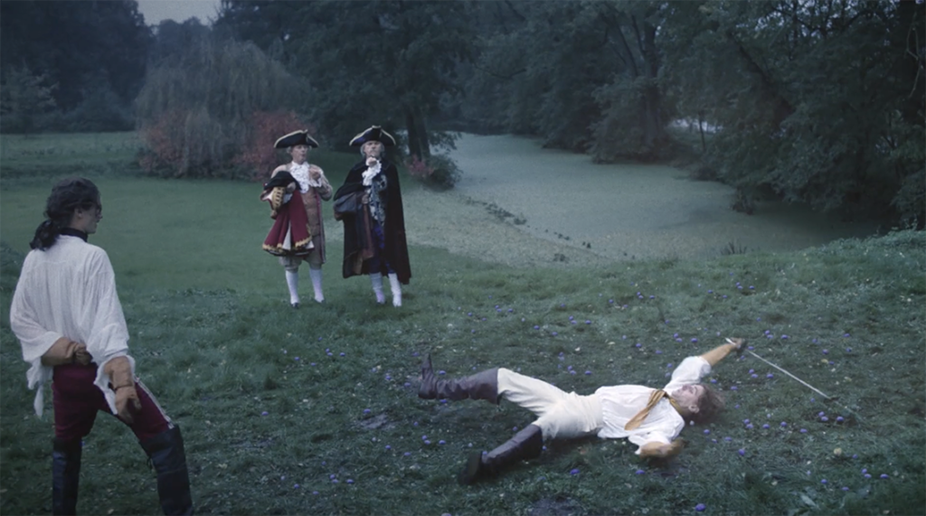A vintage scene from AXA ad with a man killed during a duel